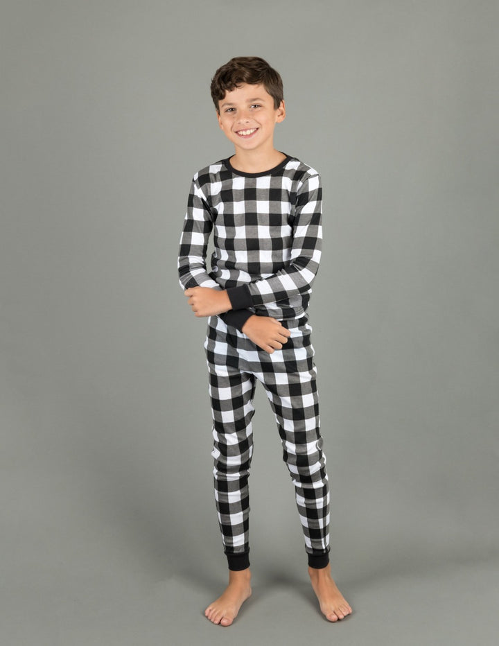 black and white plaid kids cotton pajamas