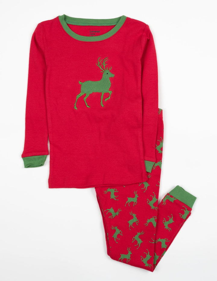 red and green reindeer kids christmas pajamas