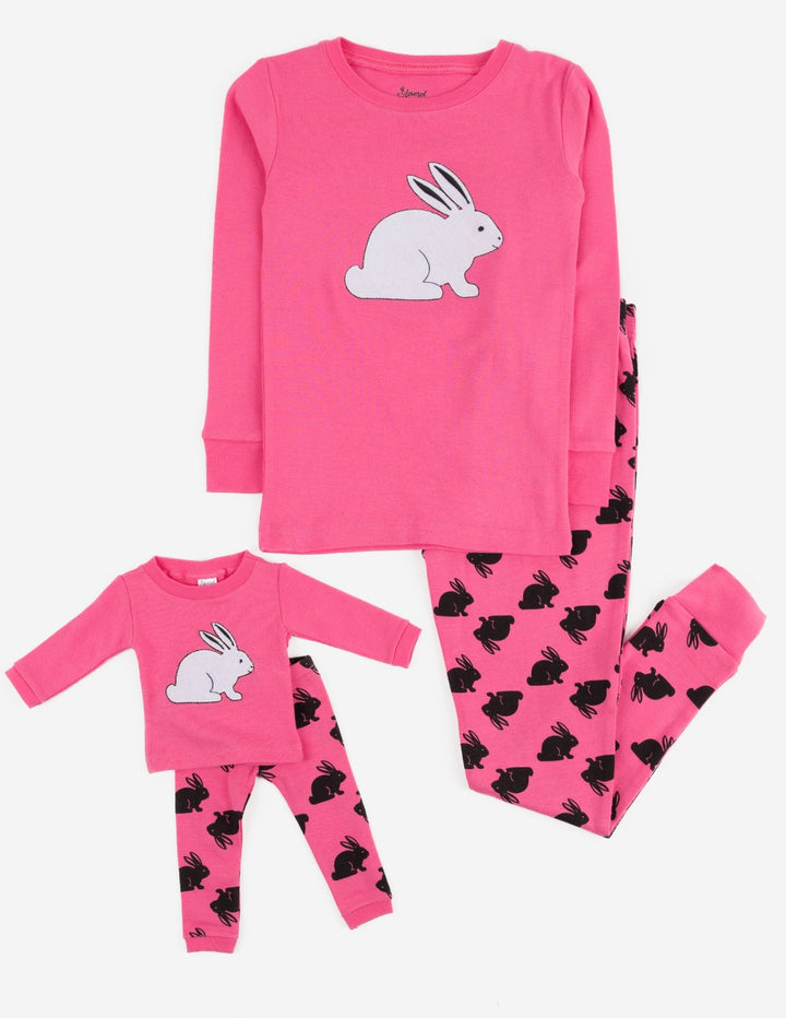 pink bunny rabbit girl and doll pajamas