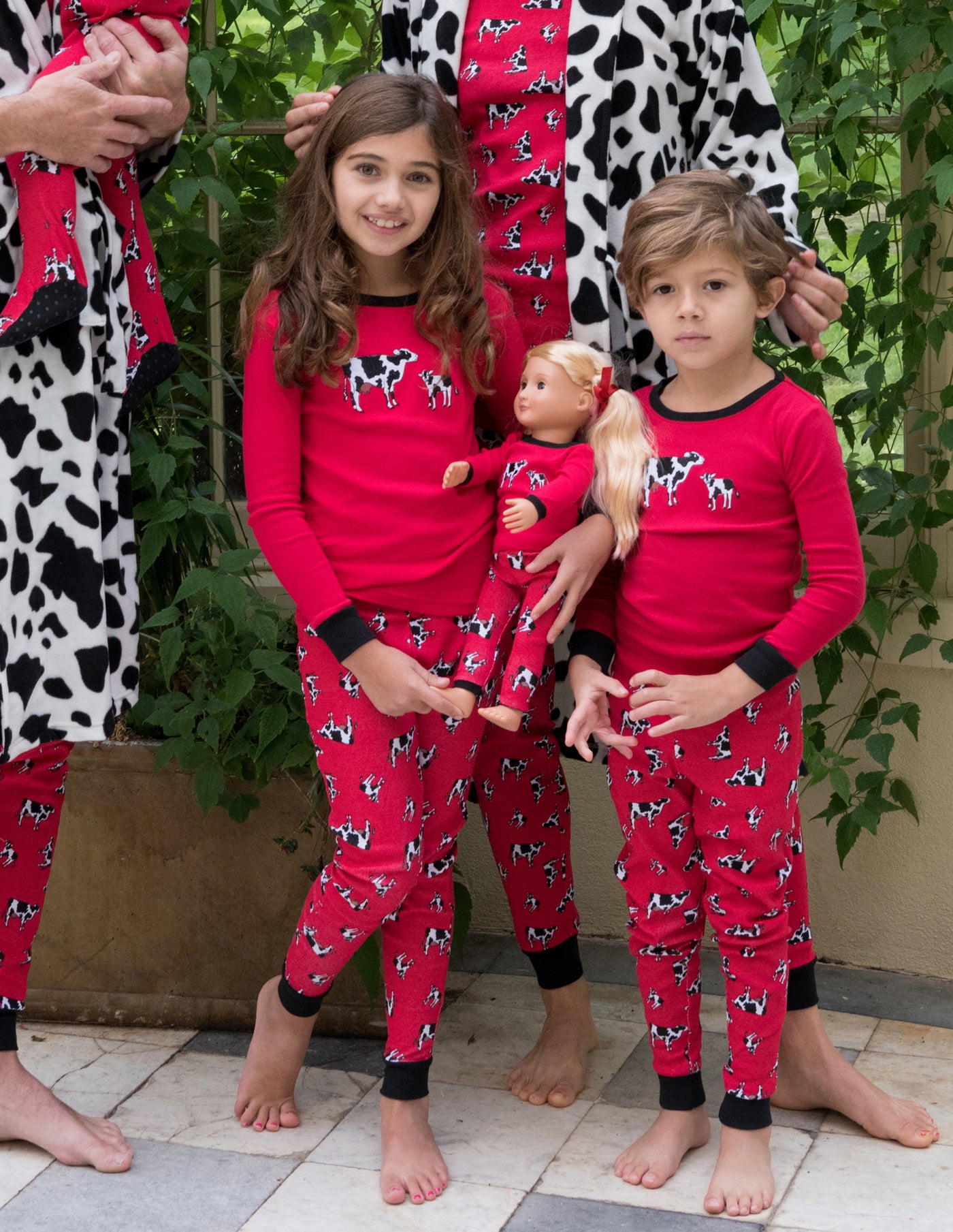 red cow print matching girl and doll pajama