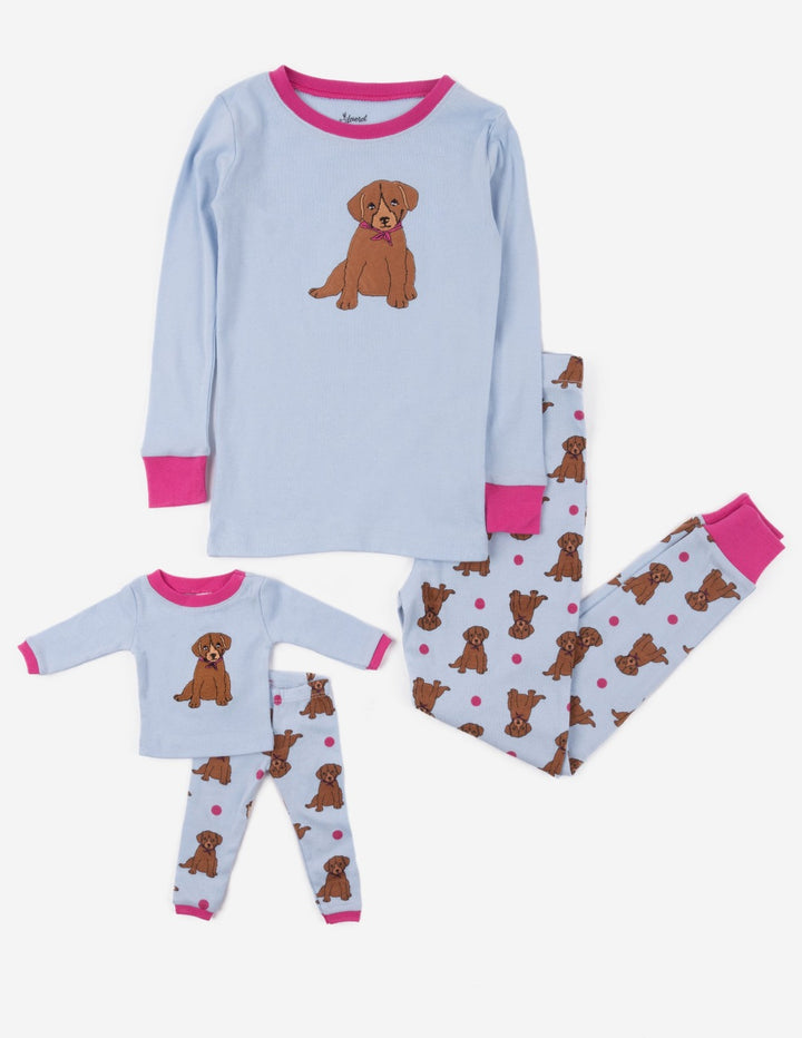 blue puppy print girl and doll cotton pajama