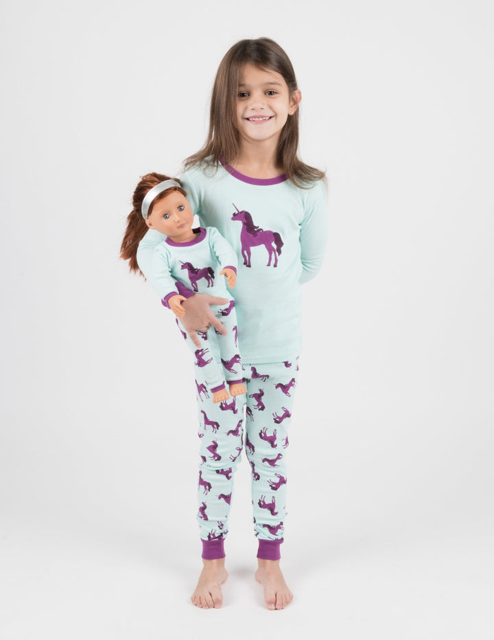 aqua unicorn girl and doll cotton pajamas