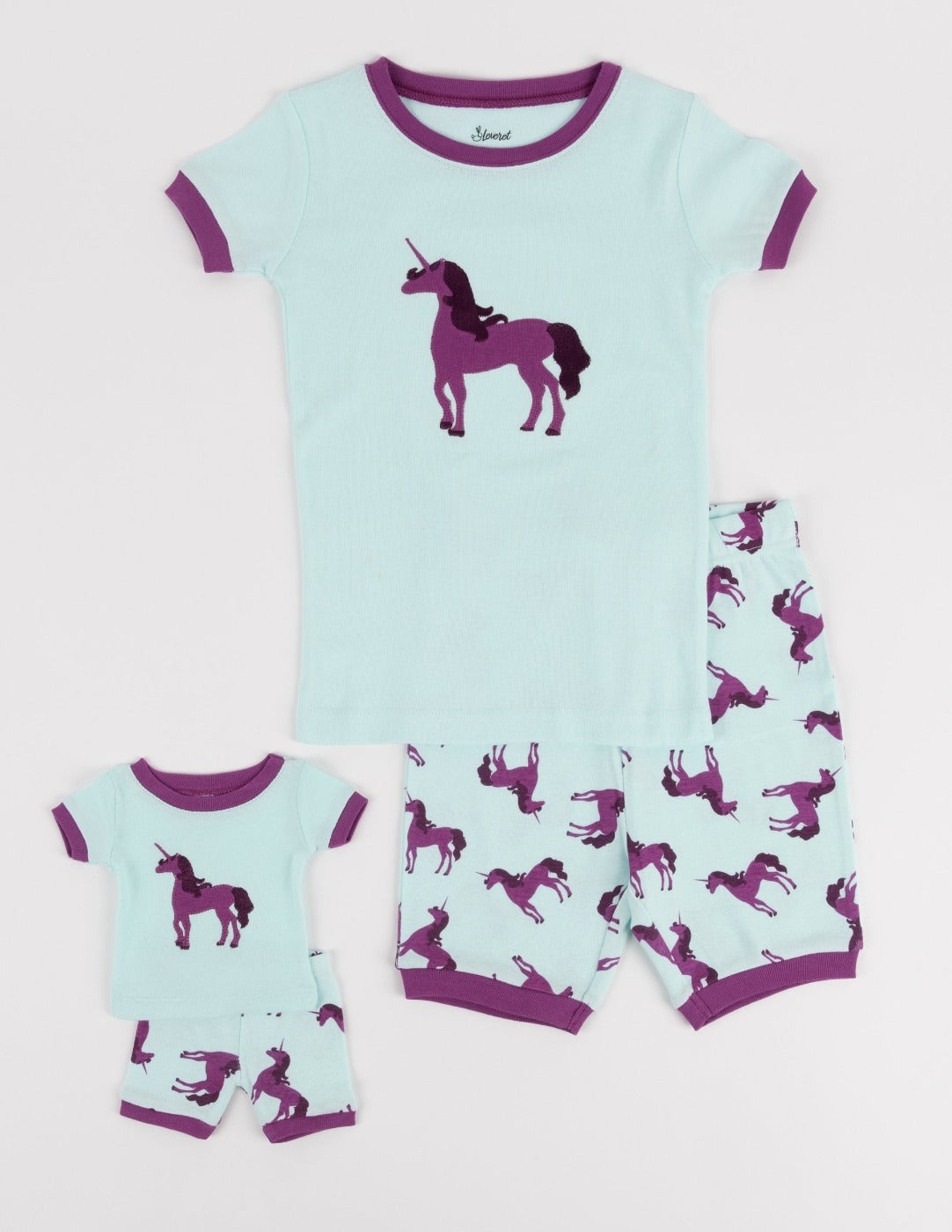 aqua unicorn kid and doll cotton pajamas