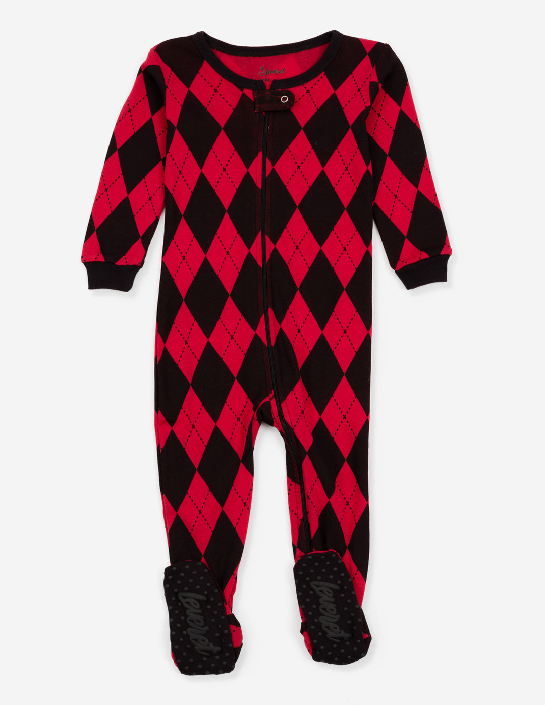 baby footed red and black argyle pajamas
