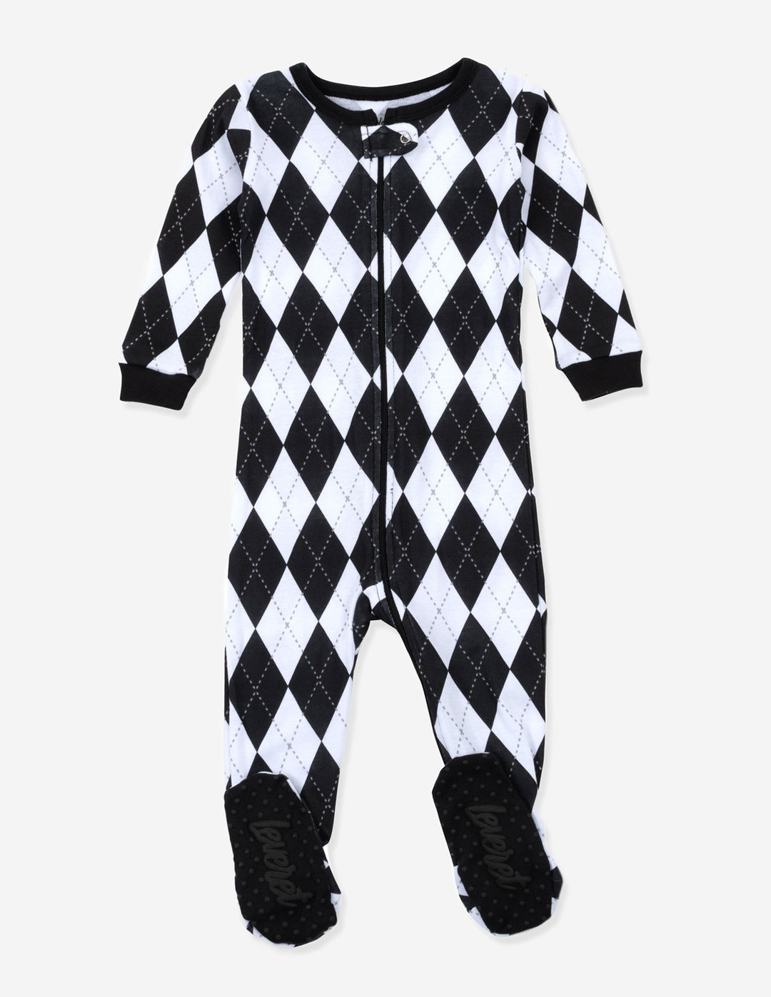 baby footed black and white argyle cotton pajamas