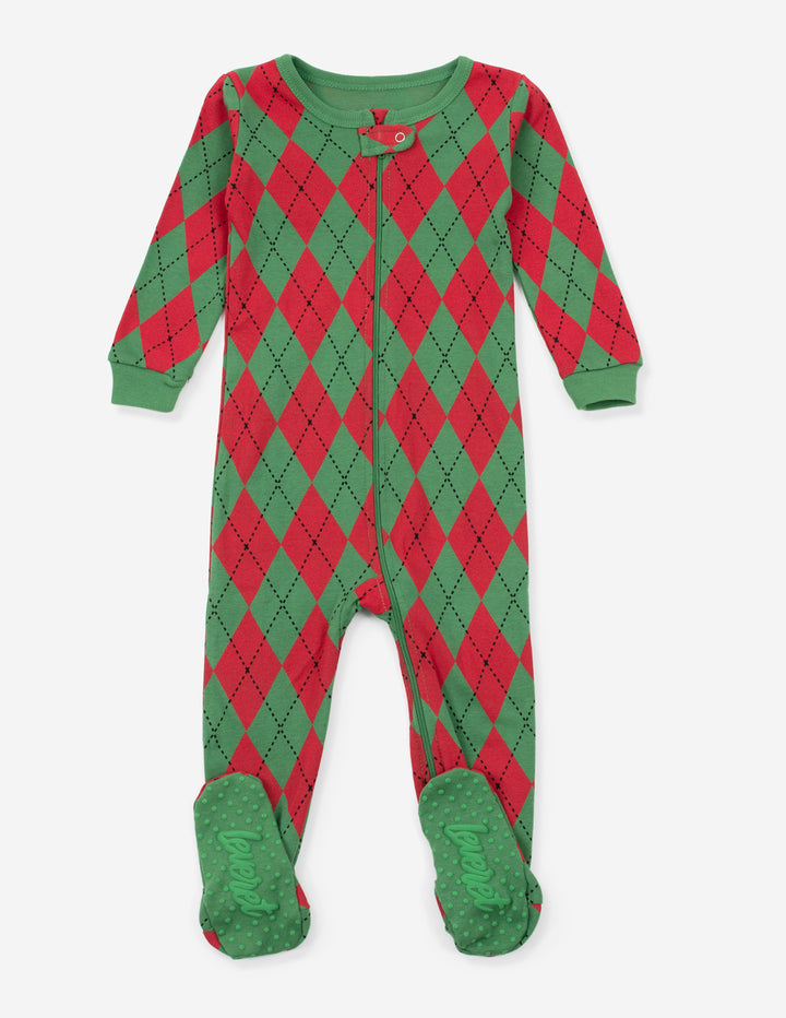 baby footed red and green argyle cotton pajamas