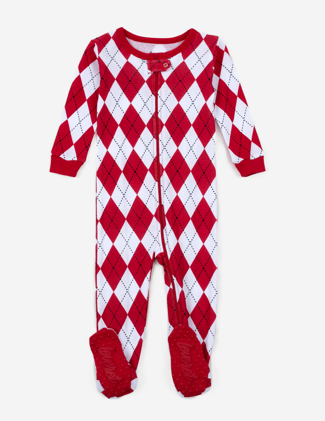 red and white argyle footed baby pajamas