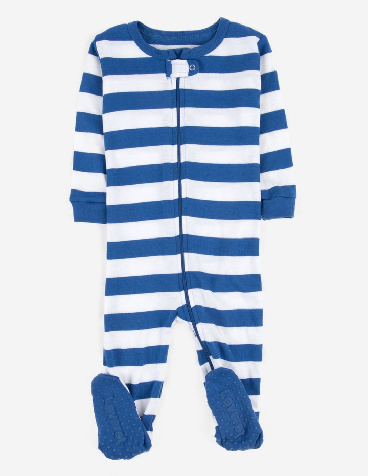blue and white striped baby footed pajamas