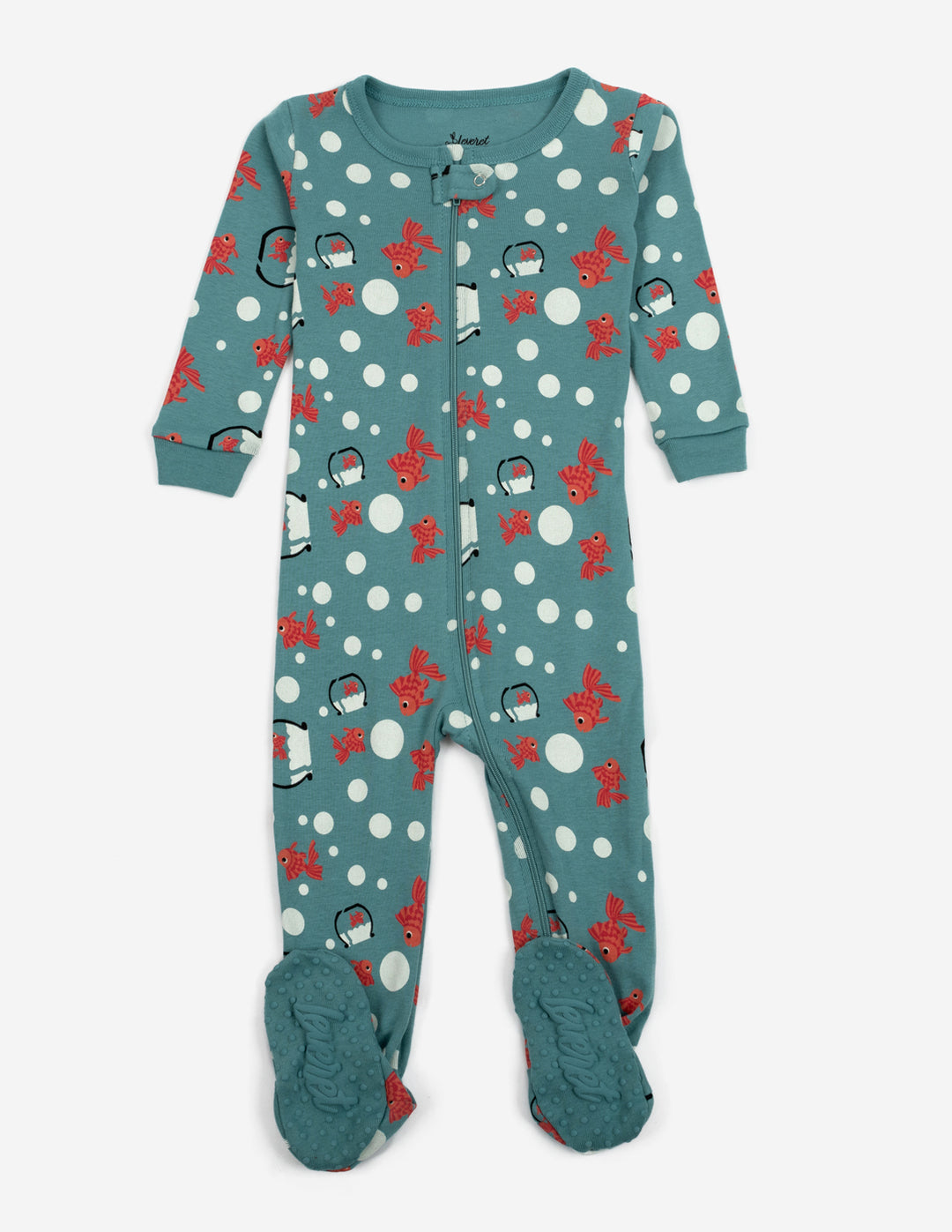 teal fish baby cotton footed pajamas