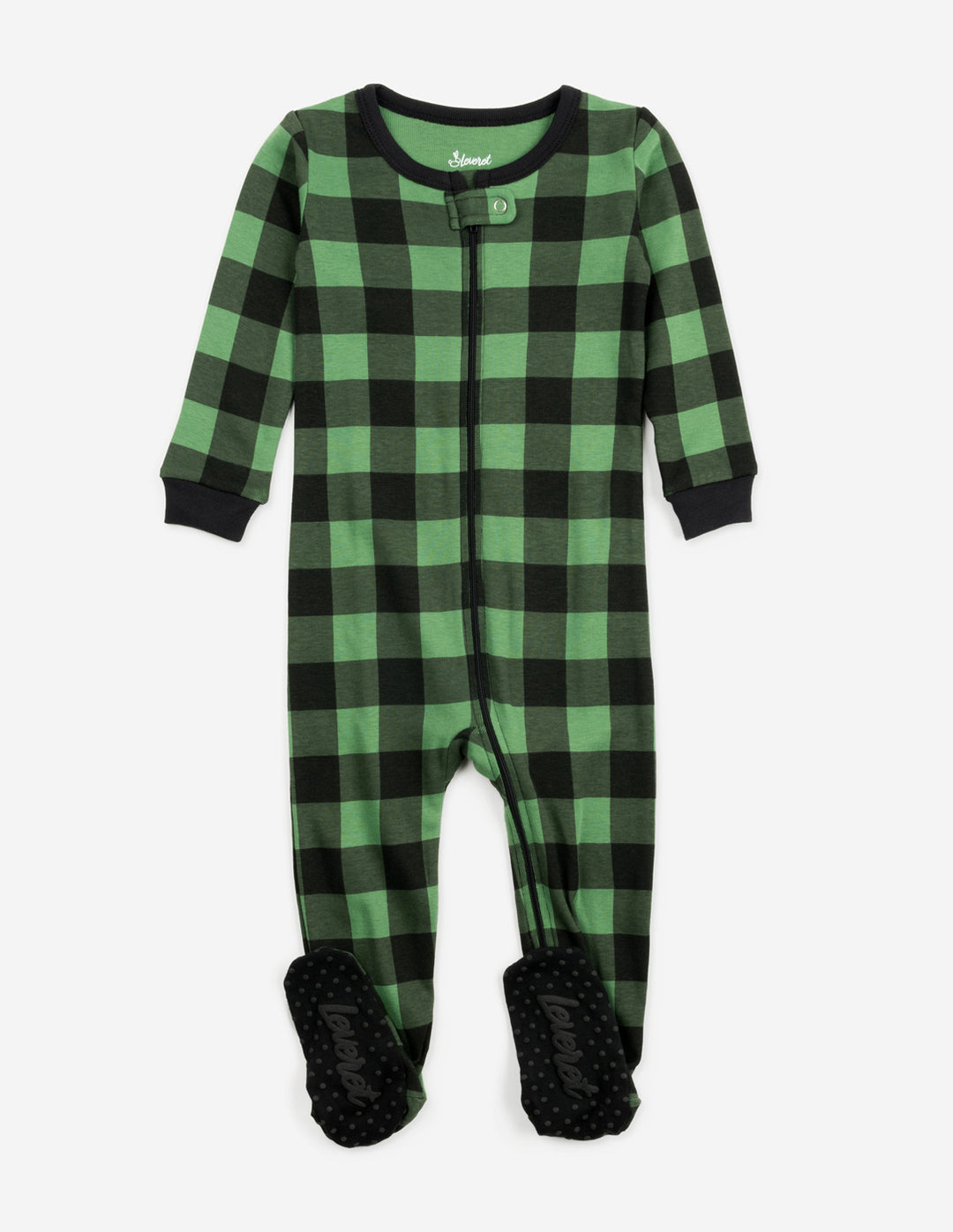 baby footed black and green plaid pajamas