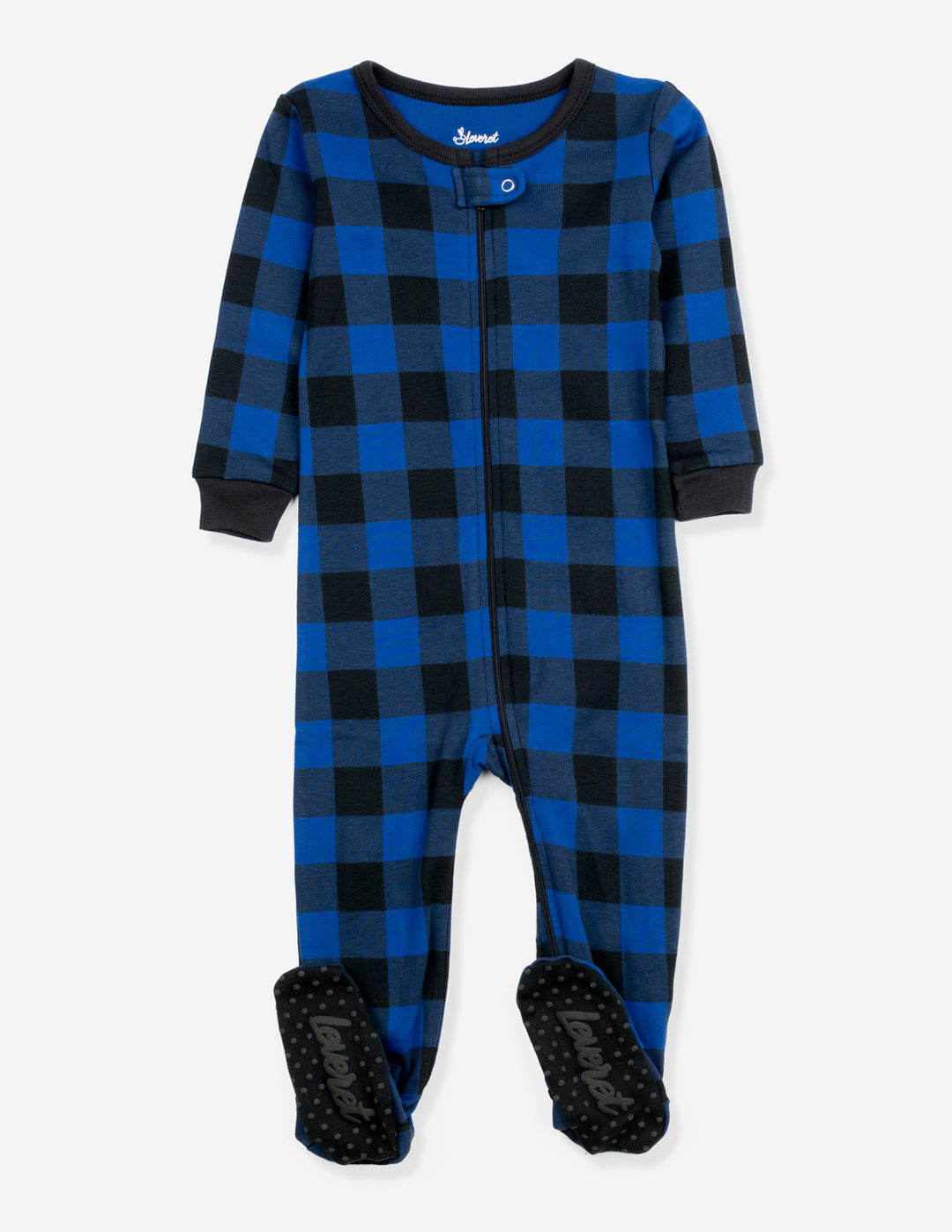 black and navy plaid baby footed pajamas