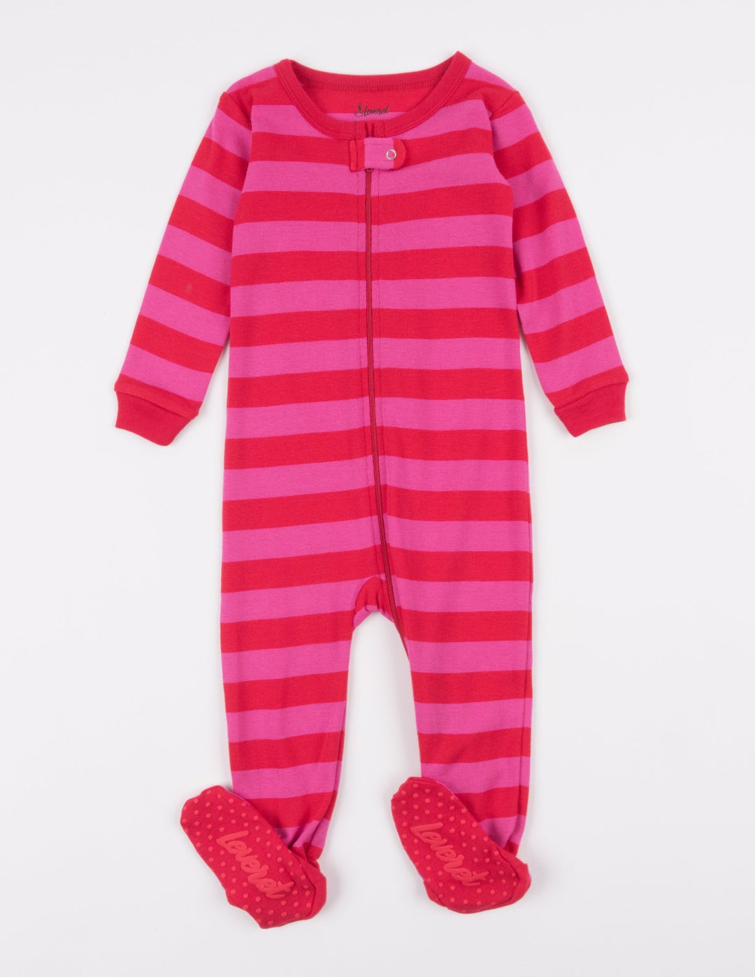 red and pink striped baby footed pajamas