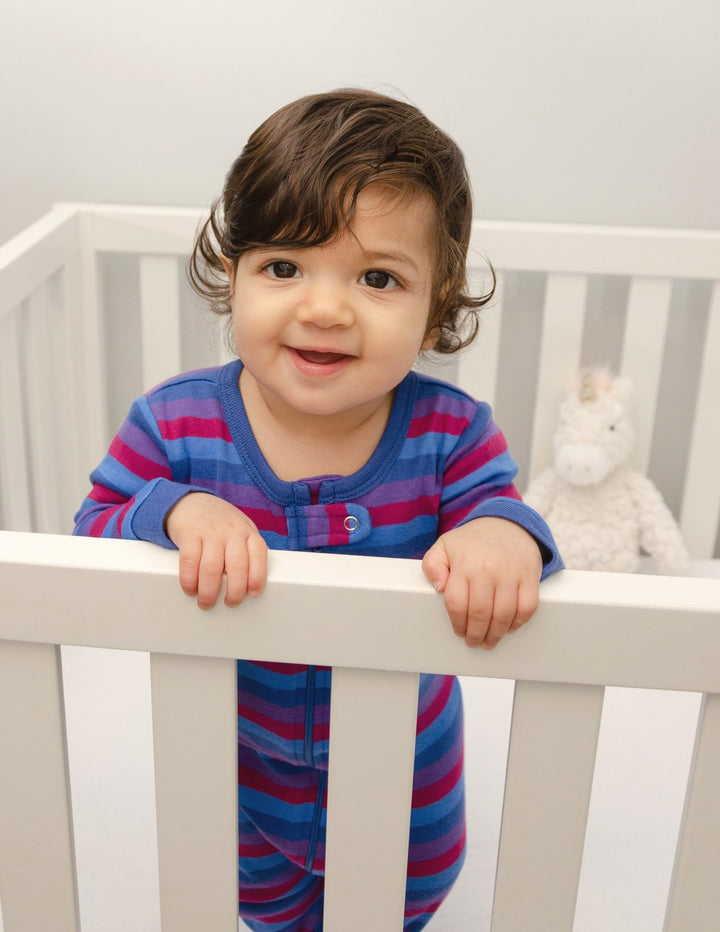 blue and purple striped baby footed pajamas