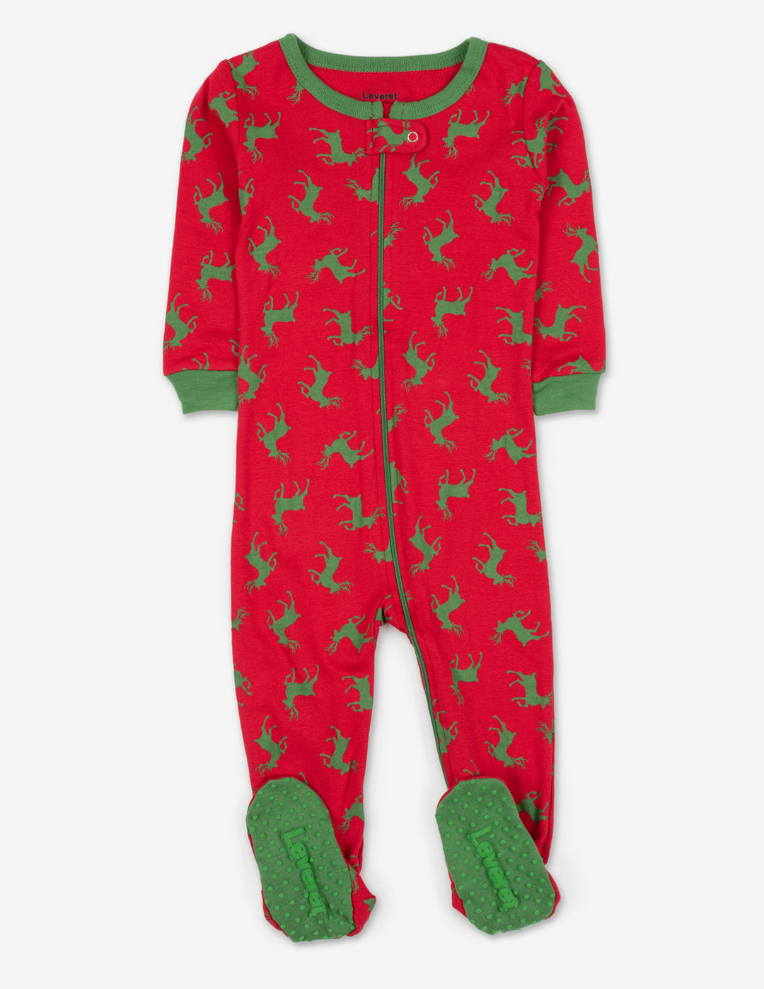 red and green reindeer baby footed christmas pajamas
