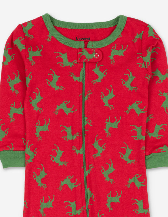 red and green reindeer baby footed christmas pajamas