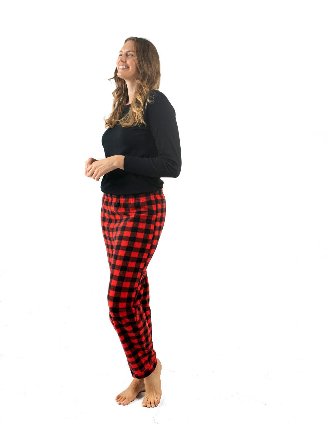 red and black plaid fleece and cotton women's pajama set