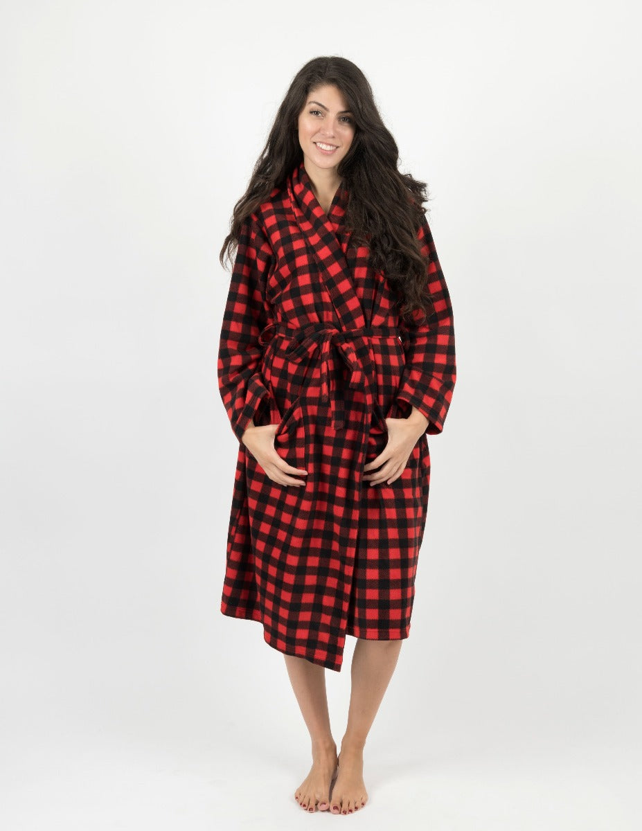 red and black plaid women's fleece robe