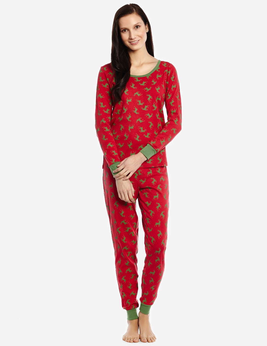 red and green reindeer women's cotton christmas pajamas