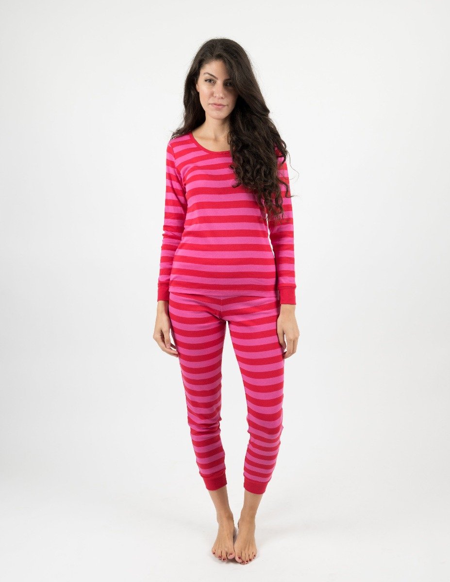 red and pink striped cotton women's pajamas