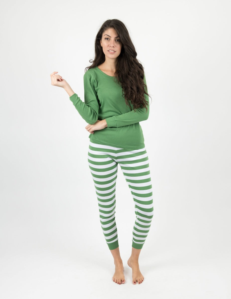 green top and striped women's cotton pajama