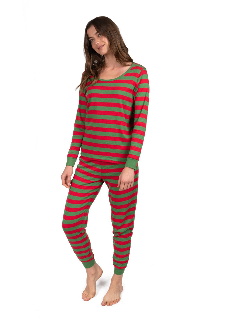 red and green striped women's cotton pajamas