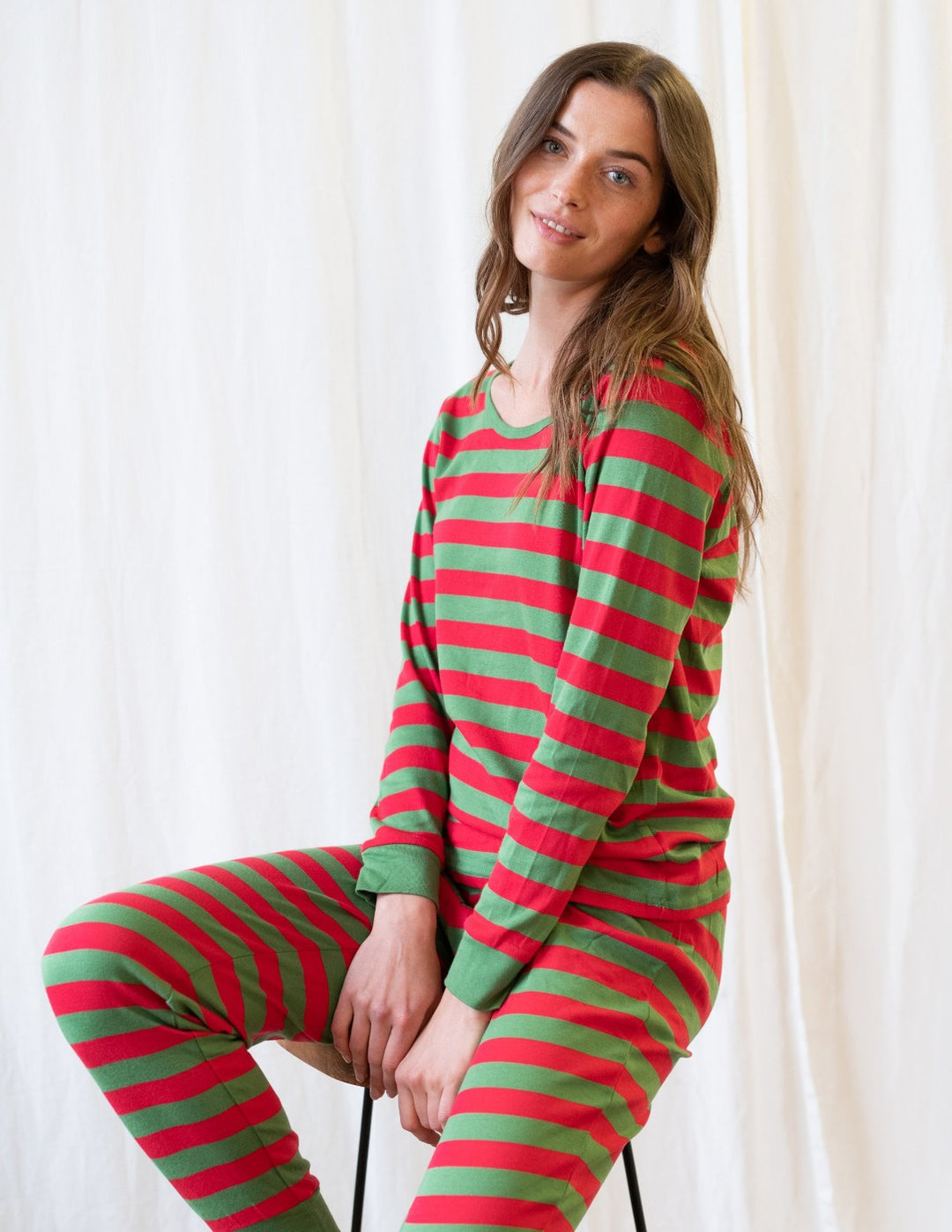 red and green striped women's cotton pajamas