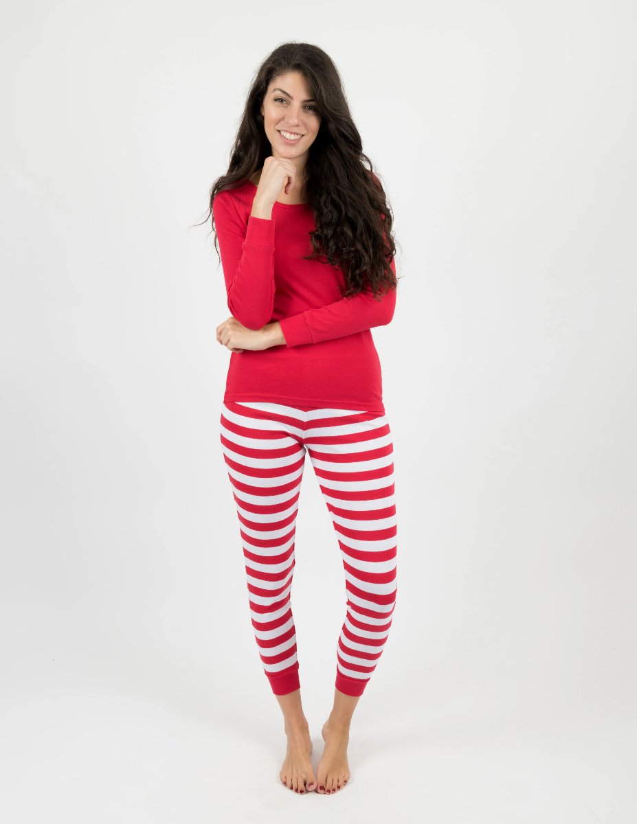 red top and striped women's pajamas
