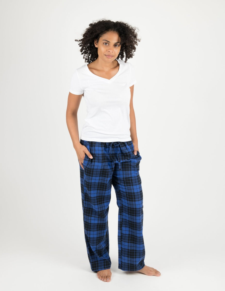 black and navy plaid women's flannel pants