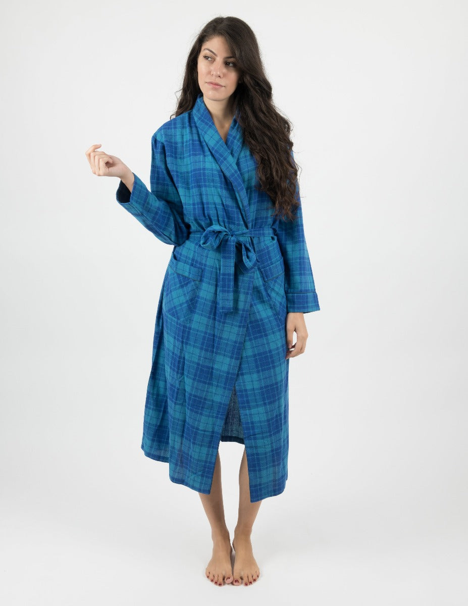 A woman in a flannel robe from Leveret