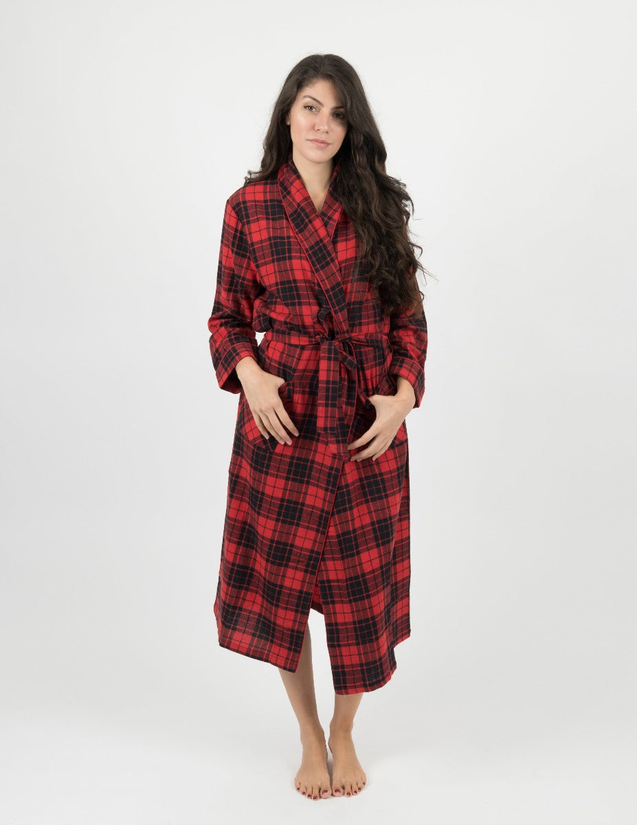 red and black plaid flannel women's robe