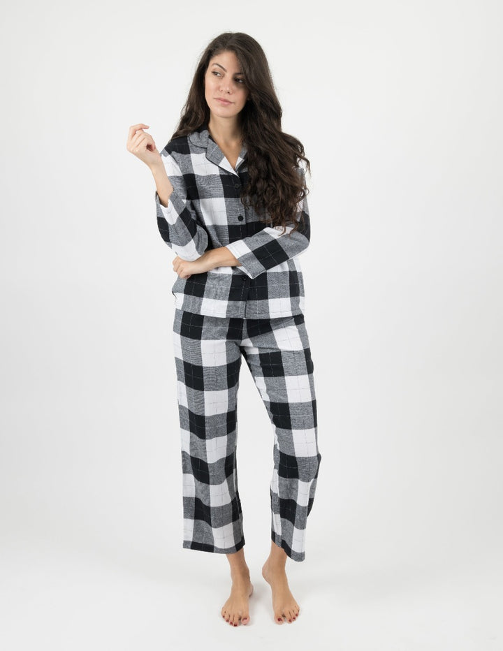 black and white plaid women's flannel pajama set