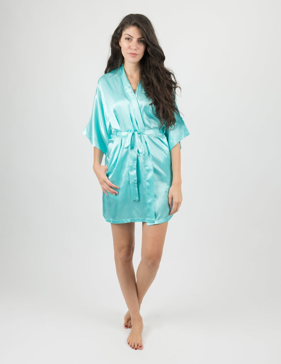Woman wearing a clearance satin robe from Leveret