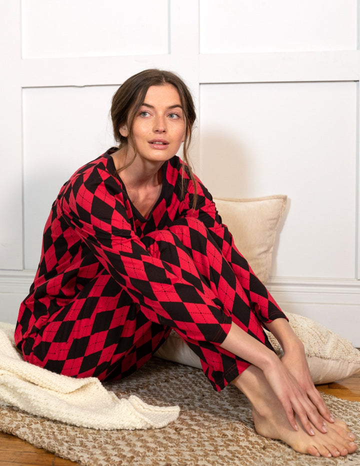 red and black argyle women's cotton pajamas