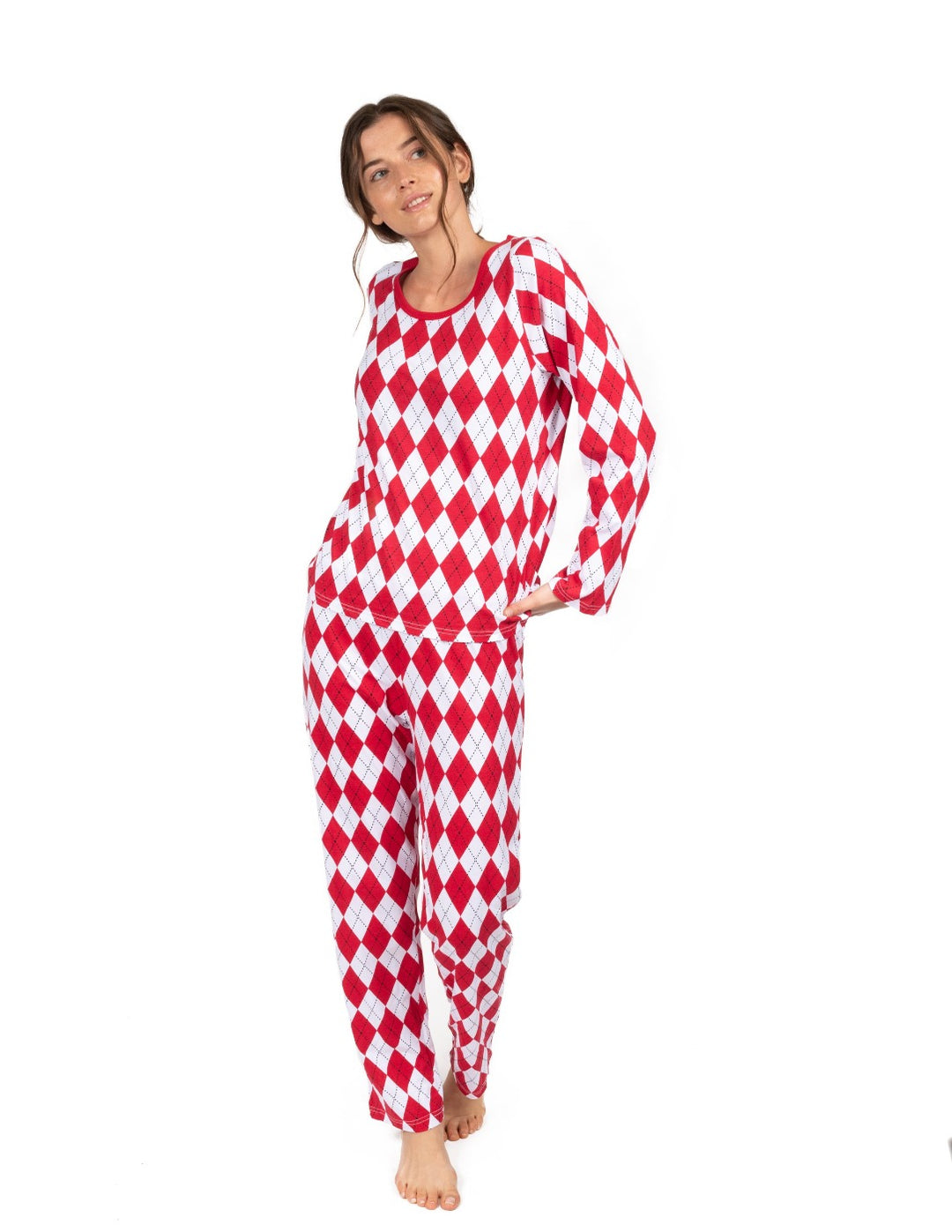 Red and white argyle women's cotton pajama