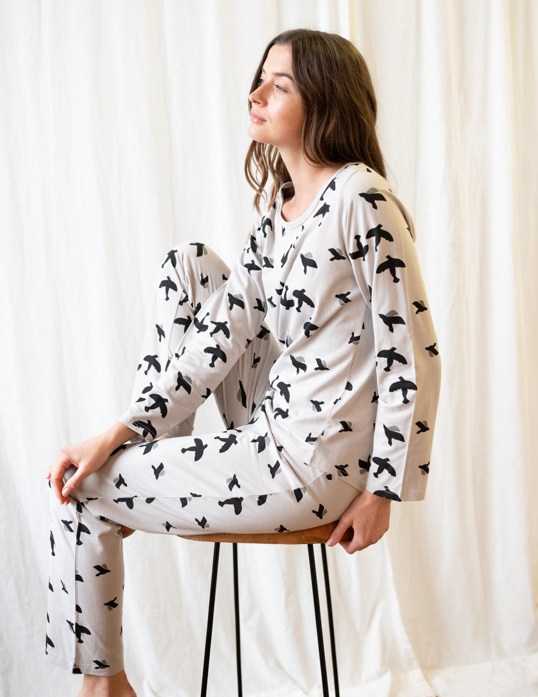 grey bird print women's cotton pajama
