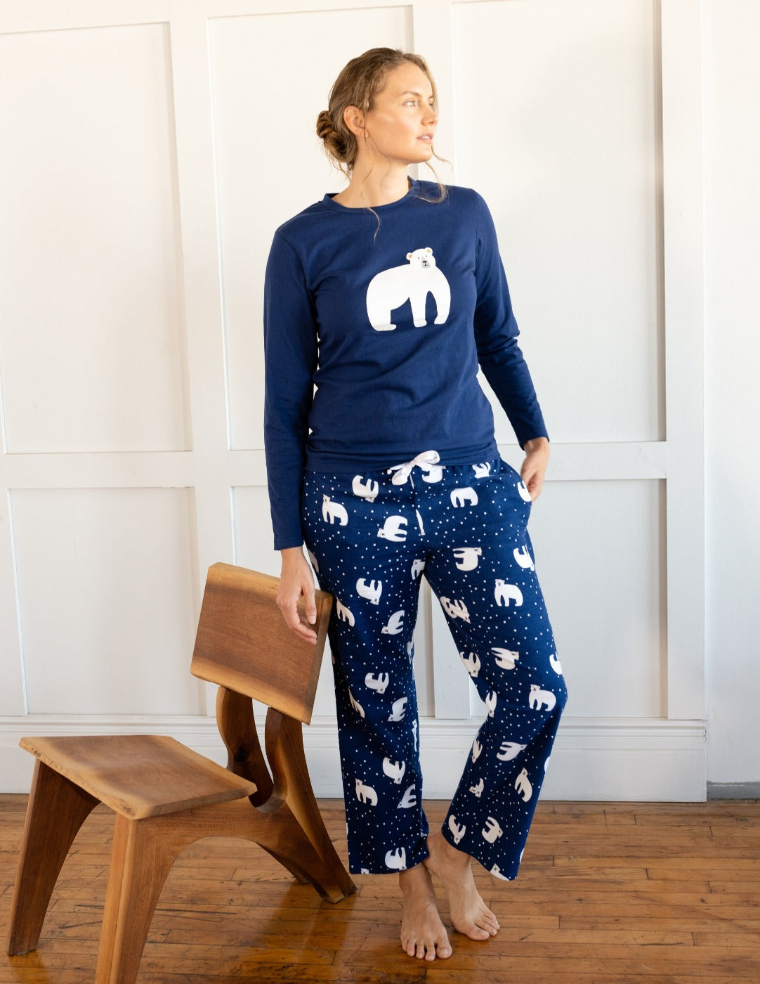 women's blue polar bear flannel pajama set