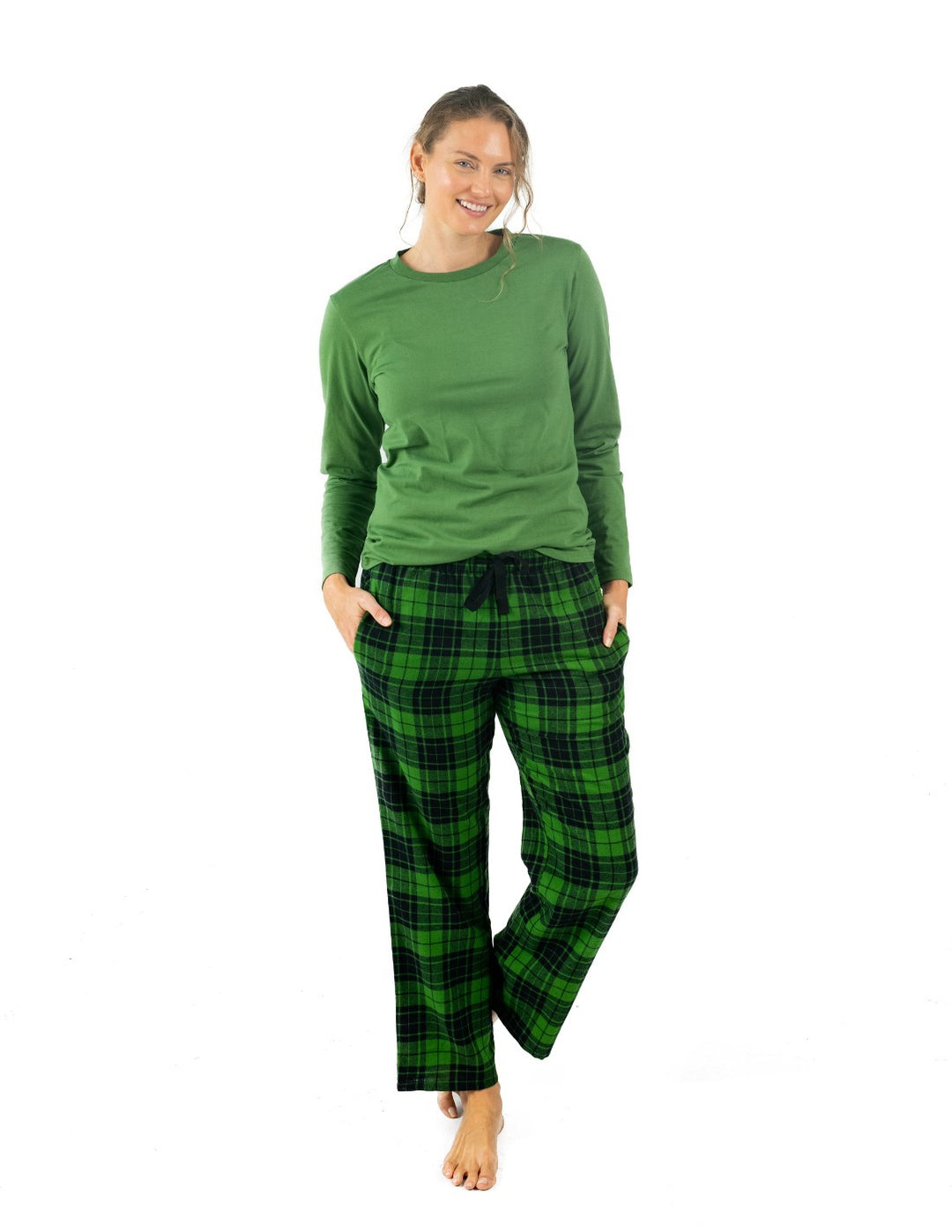 green and black flannel women's pajama set