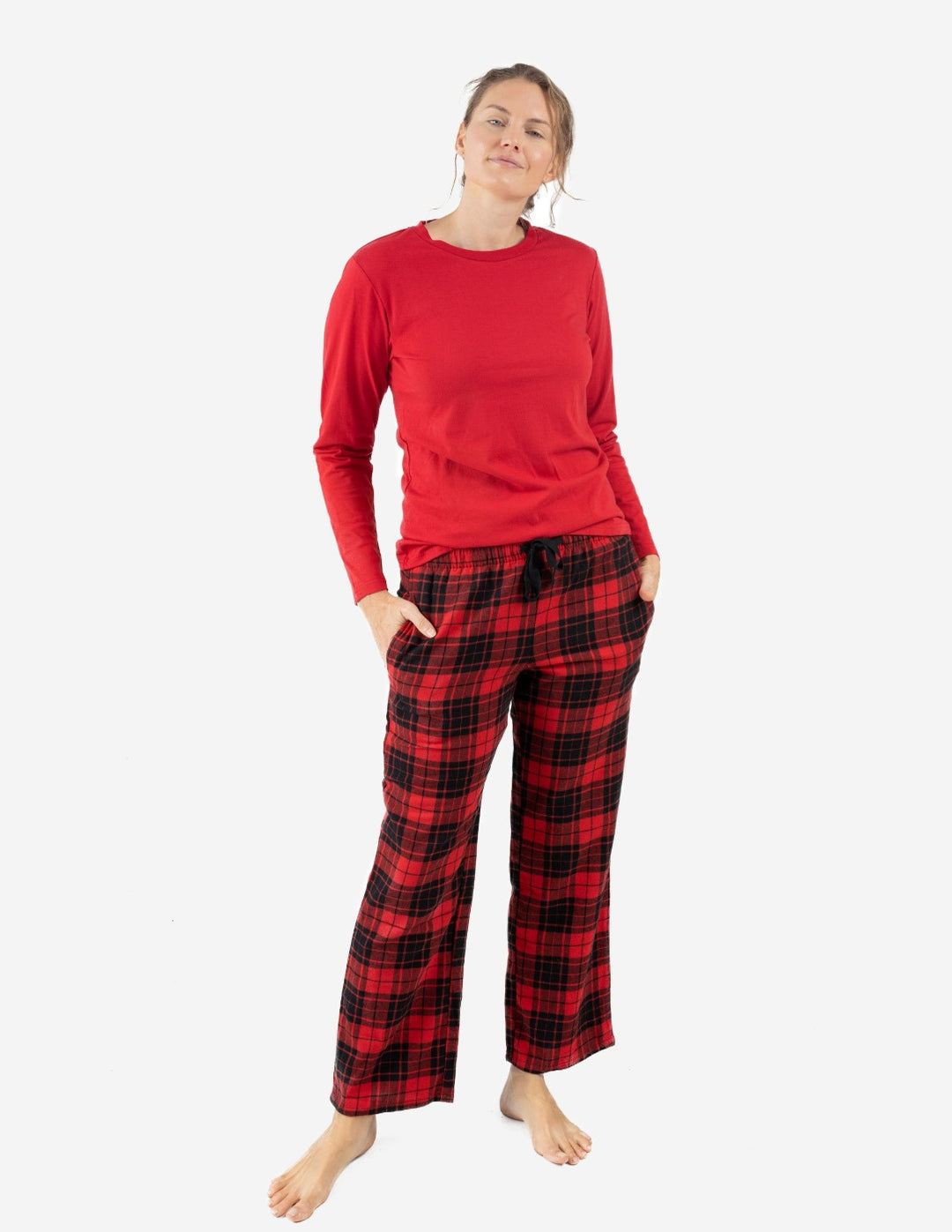 red and black plaid flannel and cotton women's pajama set