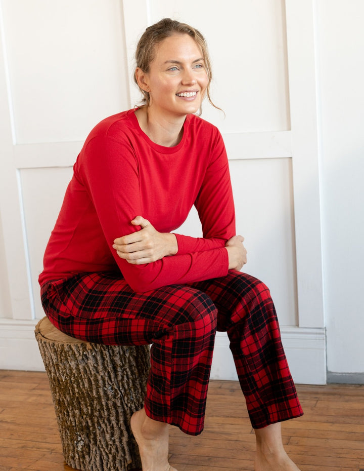 red and black plaid flannel and cotton women's pajama set
