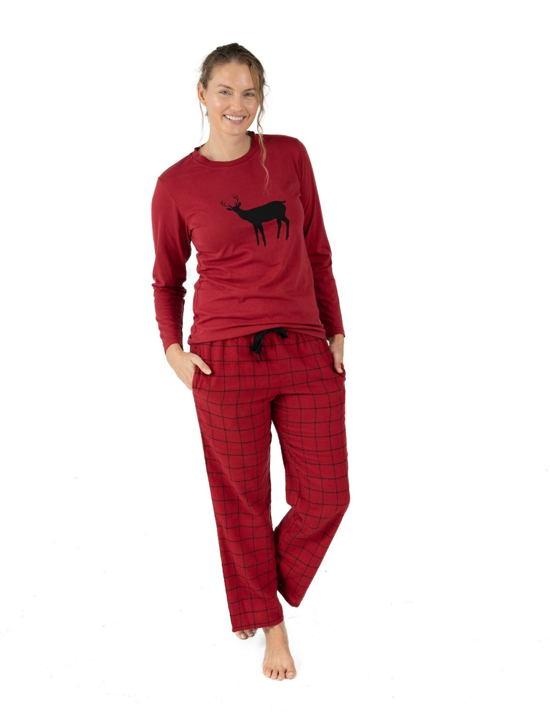 women's red reindeer flannel pajama set