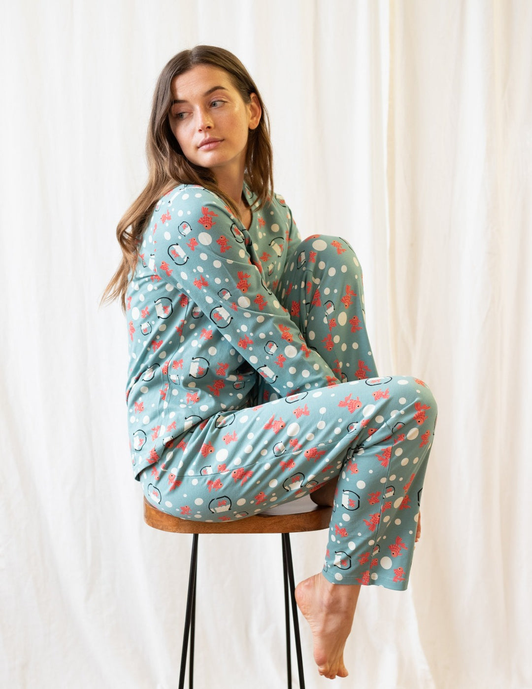 Leveret Womens Loose Fit Animal Pajamas - fish-tank-aqua / X-Small