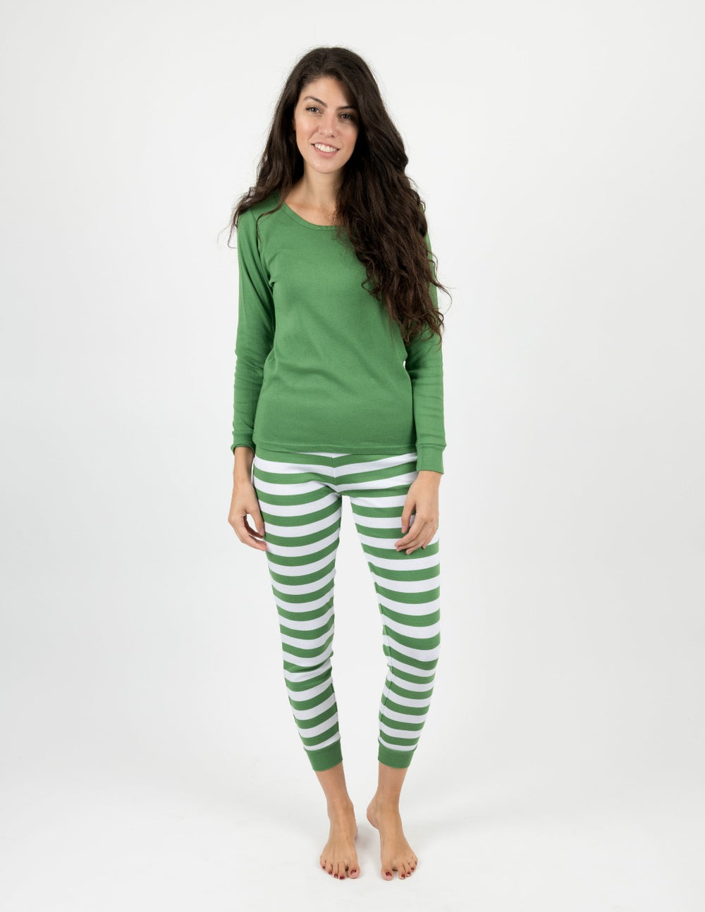 green top and striped women's cotton pajama