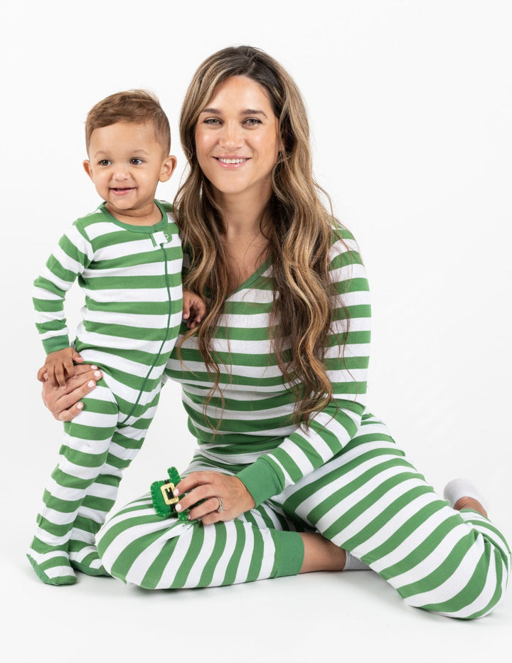 green and white striped women's cotton pajama