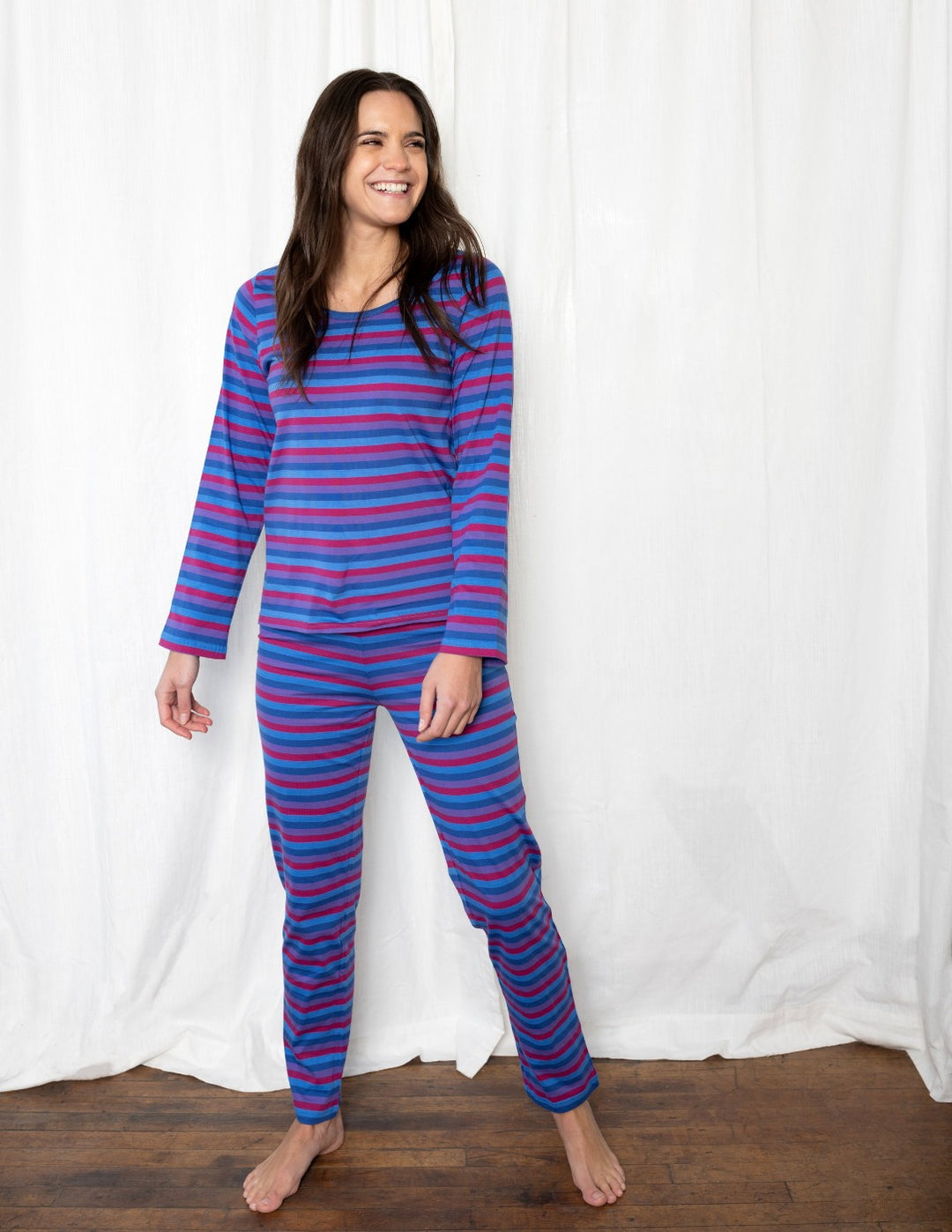 blue and purple striped loose fit women's cotton pajama