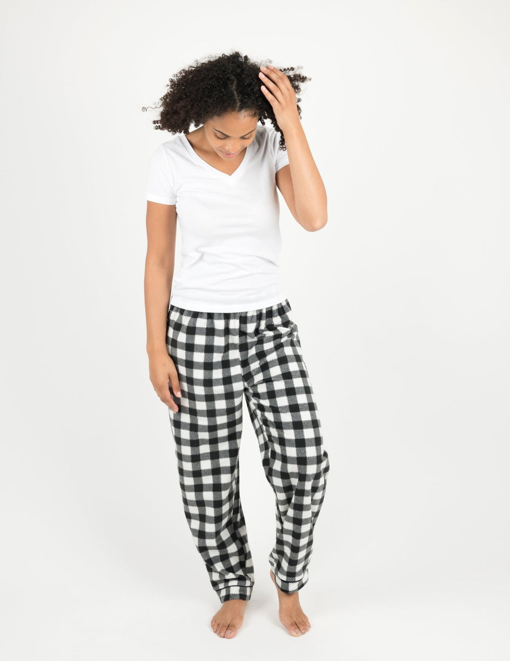 black and white plaid women's fleece pants