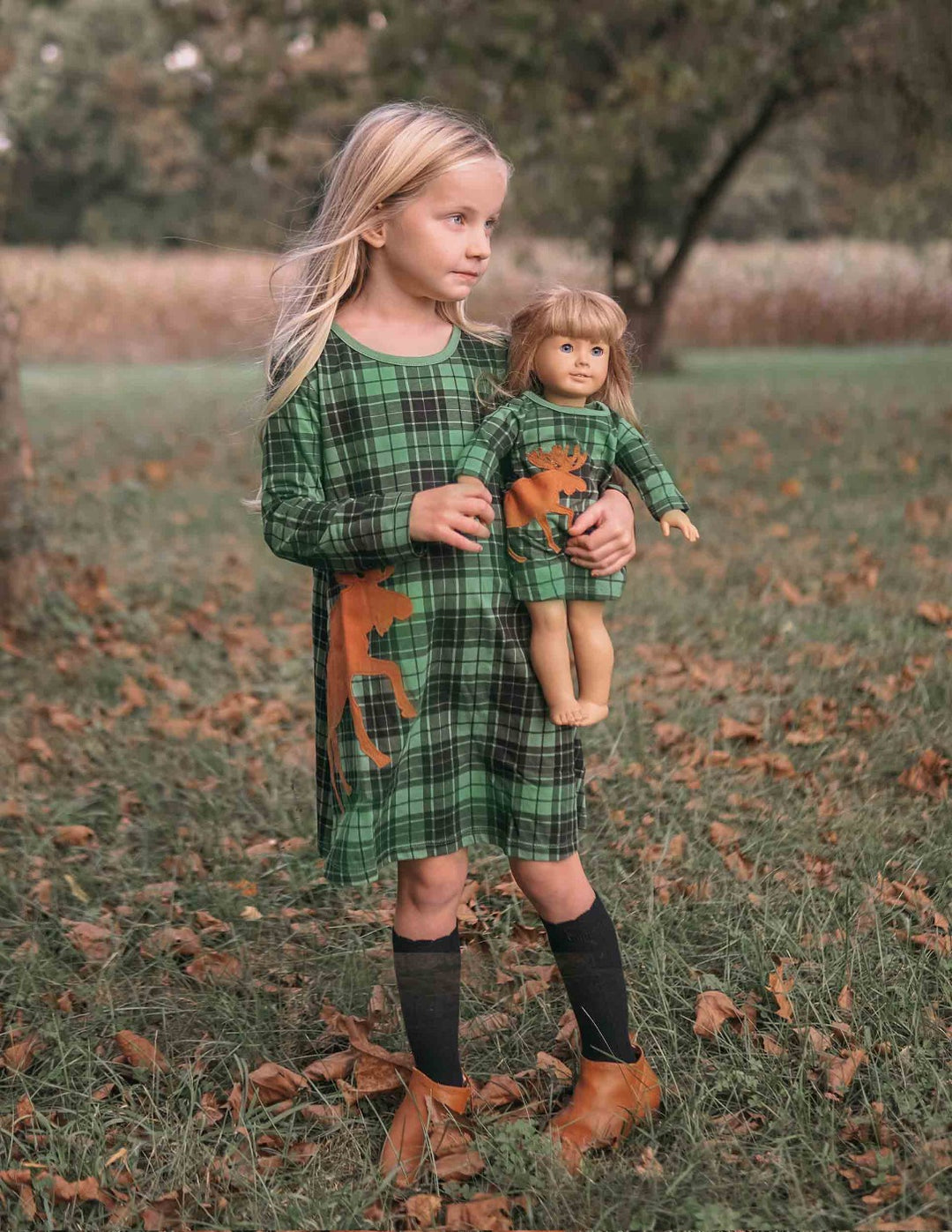 green plaid moose girl and doll dress
